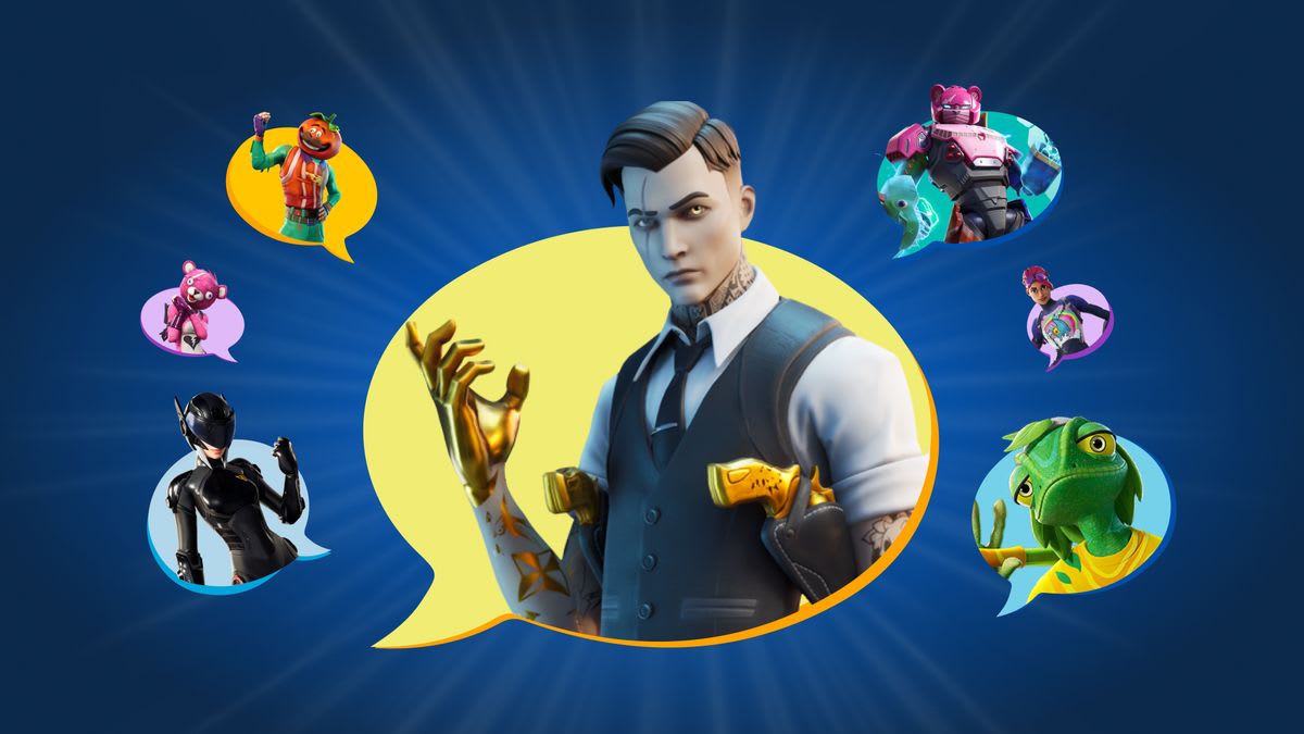 Fortnite promotional art showing Midas and other Fortnite characters inside speech bubbles, announcing AI-powered conversations
