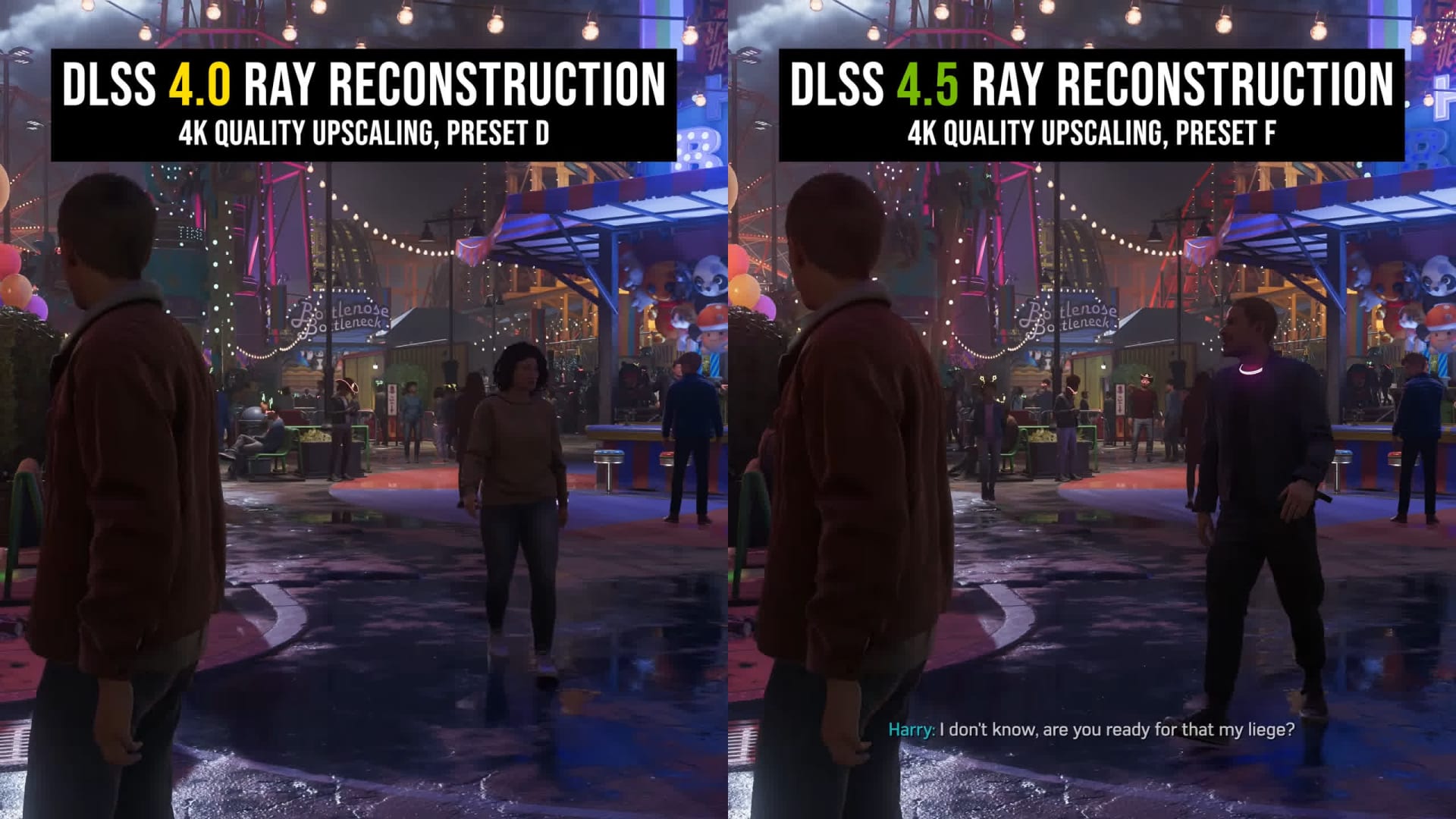 Side-by-side 4K comparison of DLSS 4.0 Ray Reconstruction preset D and DLSS 4.5 Ray Reconstruction preset F in a night-time street scene