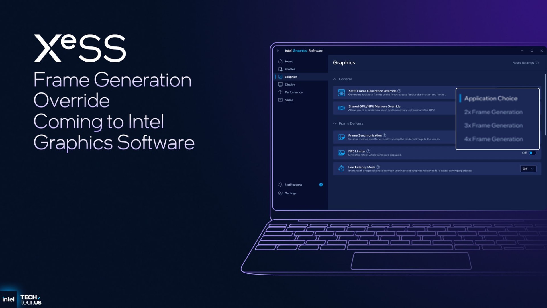 Intel slide showing the XeSS Frame Generation Override menu in Intel Graphics Software with Application Choice, 2x, 3x and 4x options