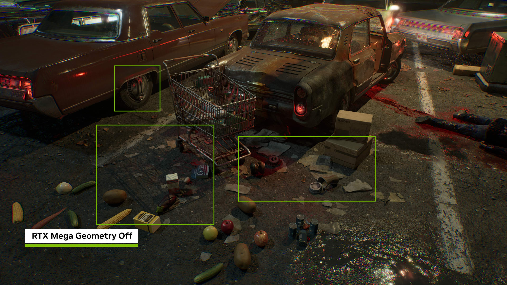 Gears of War: E-Day parking-lot scene with RTX Mega Geometry switched off, green boxes marking areas of reduced geometric detail