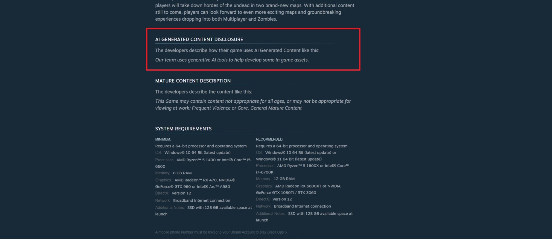 Steam store page showing the AI Generated Content Disclosure section highlighted above the Mature Content Description and System Requirements
