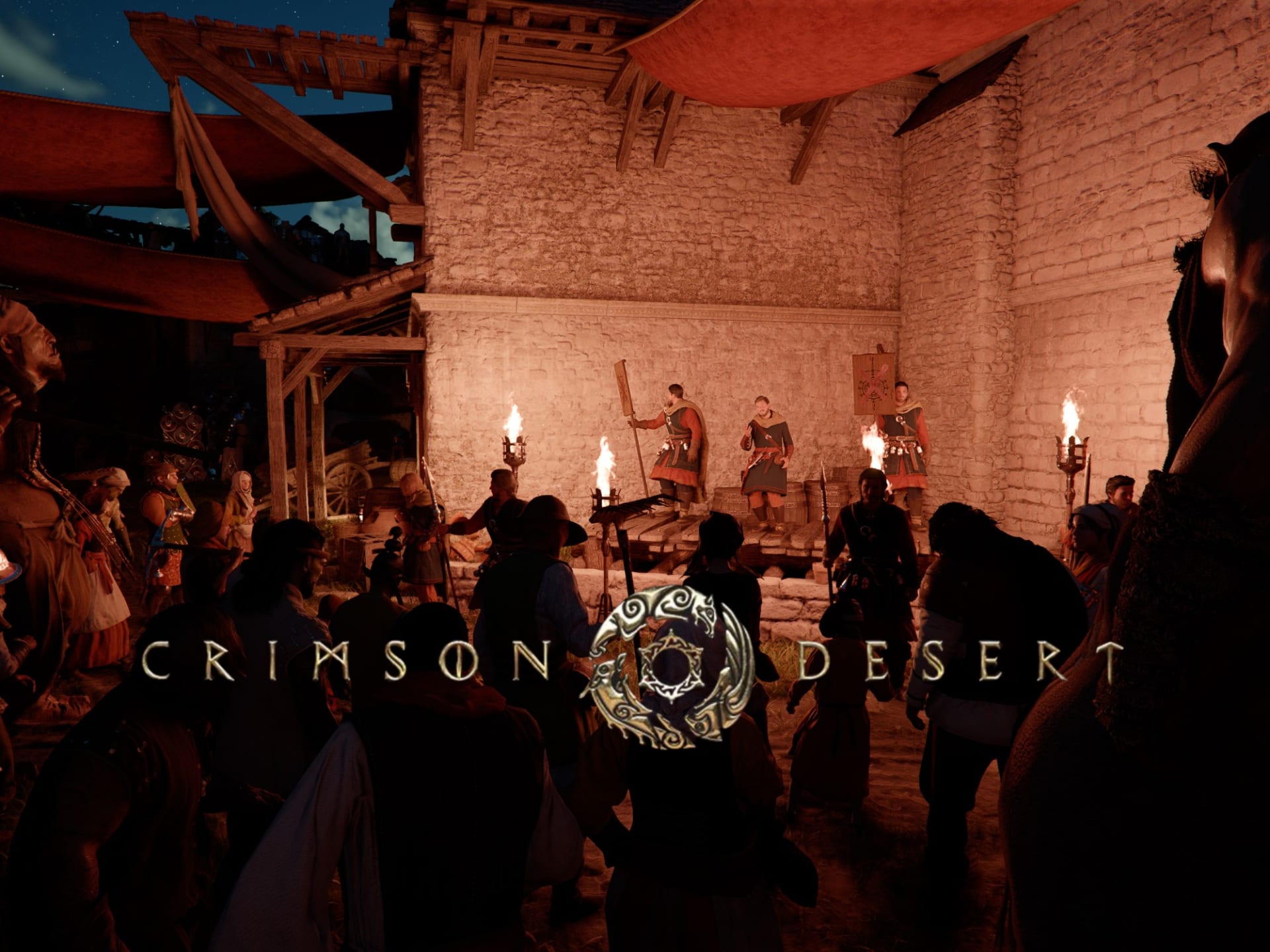 Crimson Desert logo over a night-time town scene with torch-lit guards and a crowd of townspeople