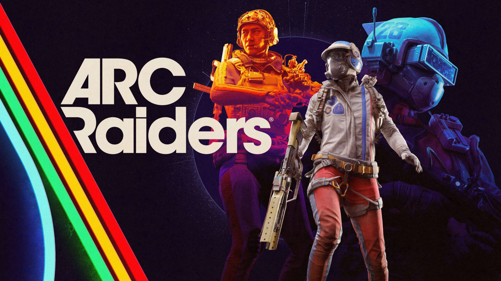 ARC Raiders key art showing three raiders in retro-futurist gear beside the game's logo and rainbow stripes