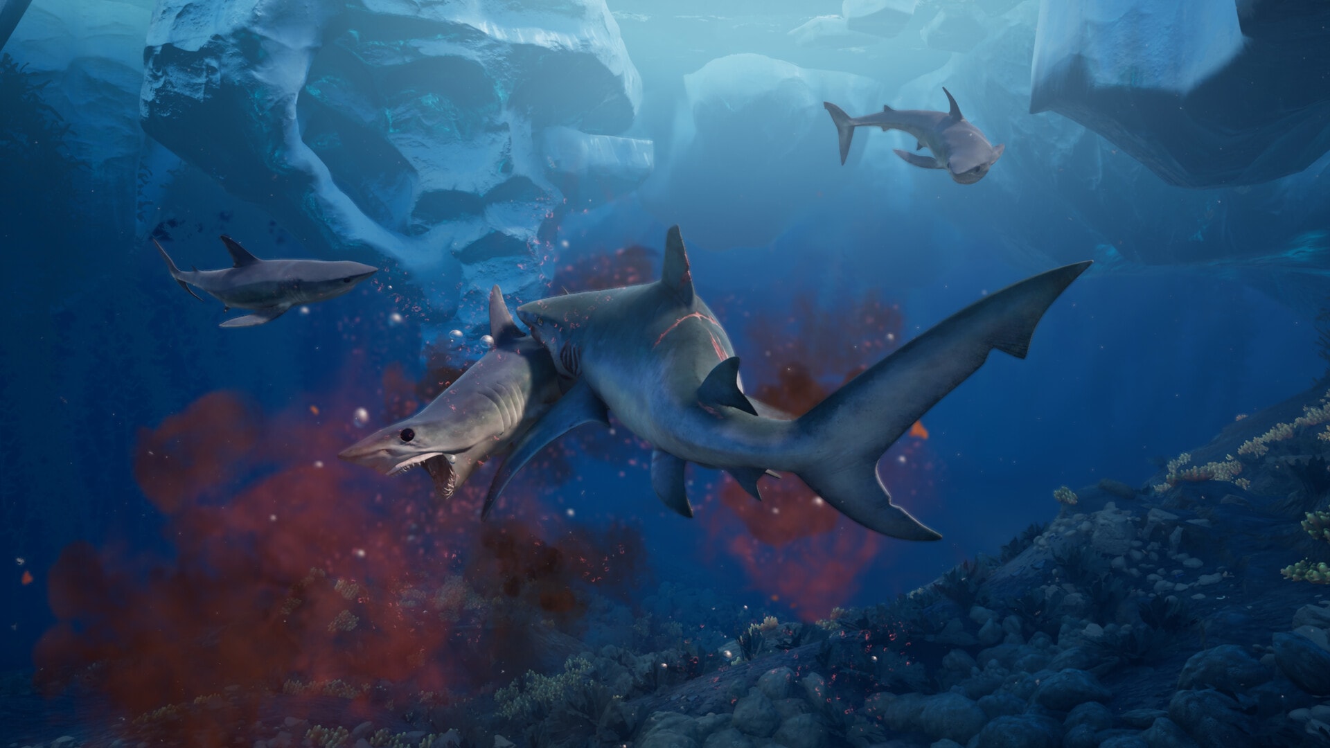 The bull shark bites into another shark in a cold, icy underwater biome, with blood clouding the water, in Maneater 2