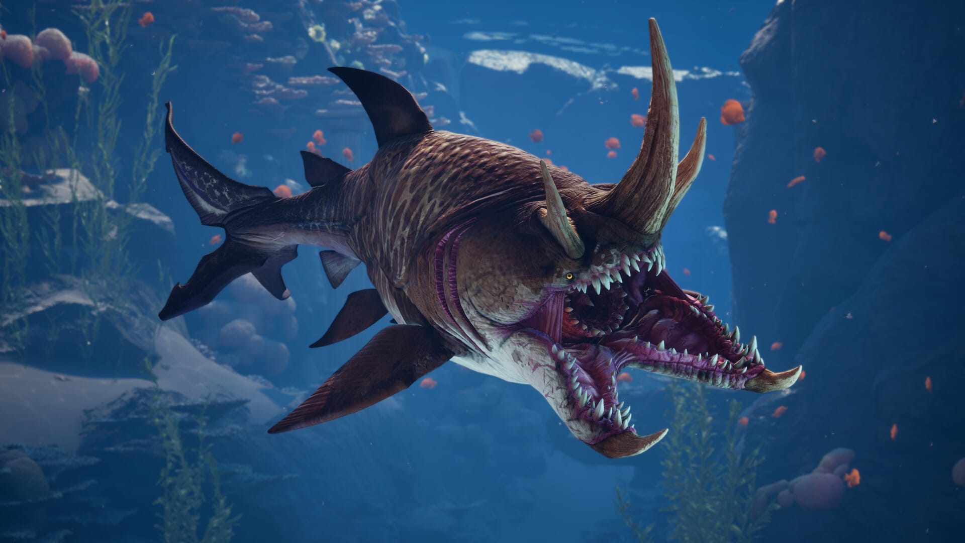 A mutated predator fish with horns and rows of teeth swims open-mouthed through the park's waters in Maneater 2