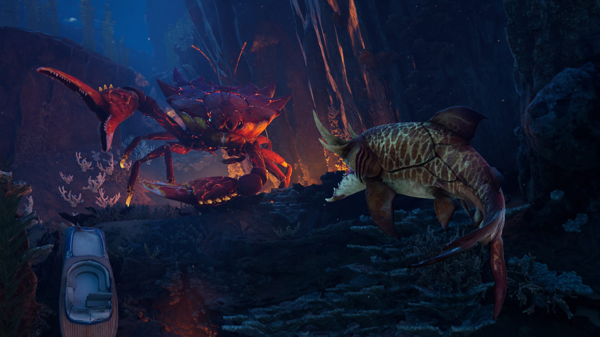 An evolved, armour-plated shark faces a giant red crab on a dark, rocky seabed beside a sunken boat in Maneater 2