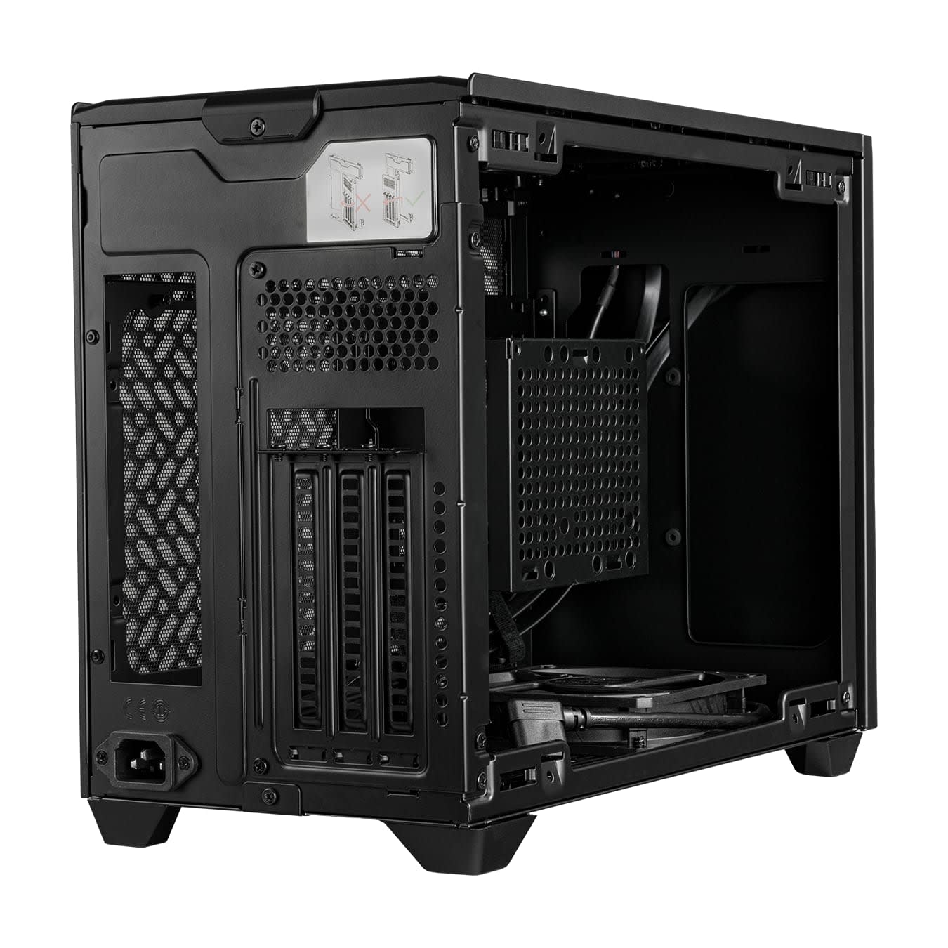 Rear three-quarter view of the empty NR200P V2 case showing the SFX power supply bay, three expansion slots and open side