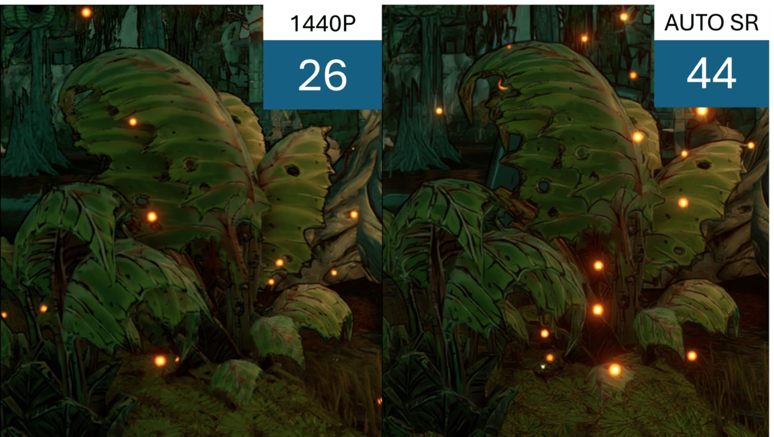 Side-by-side game scene comparing native 1440p at 26 FPS with Microsoft Auto SR at 44 FPS