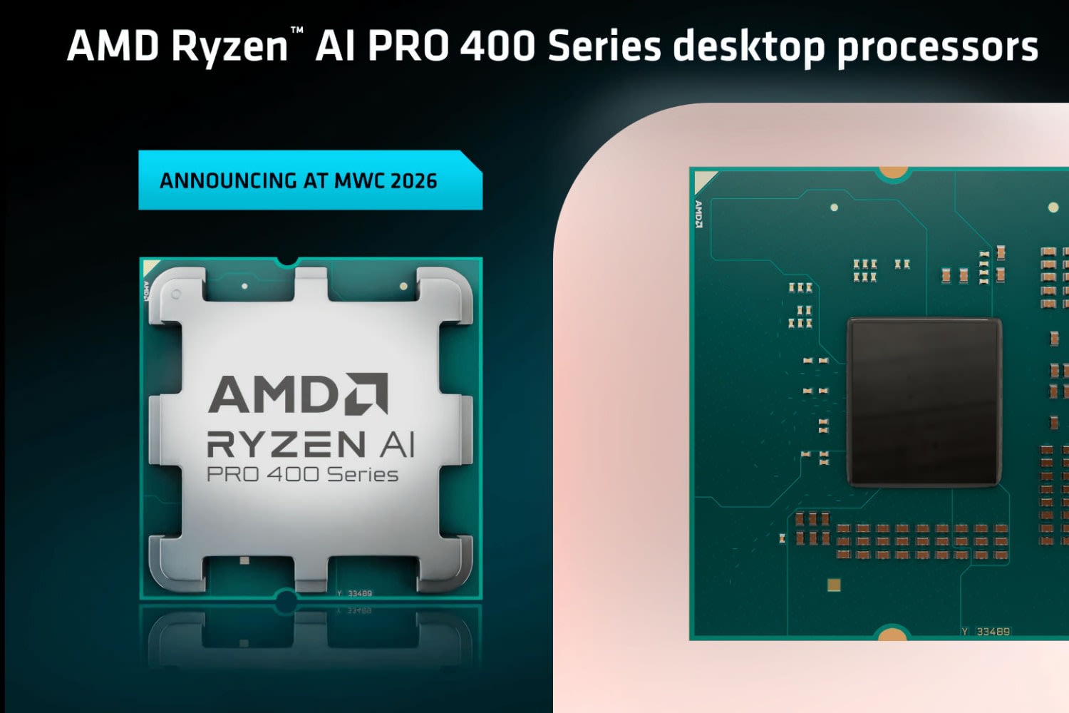 AMD announcement slide for Ryzen AI PRO 400 Series desktop processors showing the AM5 package and die