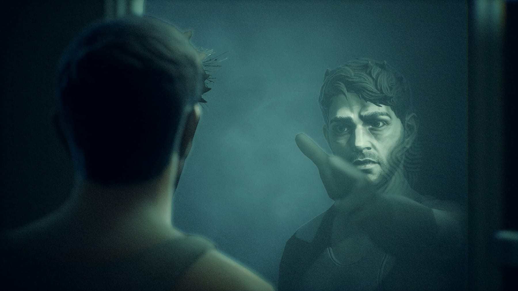 A man stares into a fogged mirror as his reflection reaches a hand toward him in Onyx: The Dark Grip