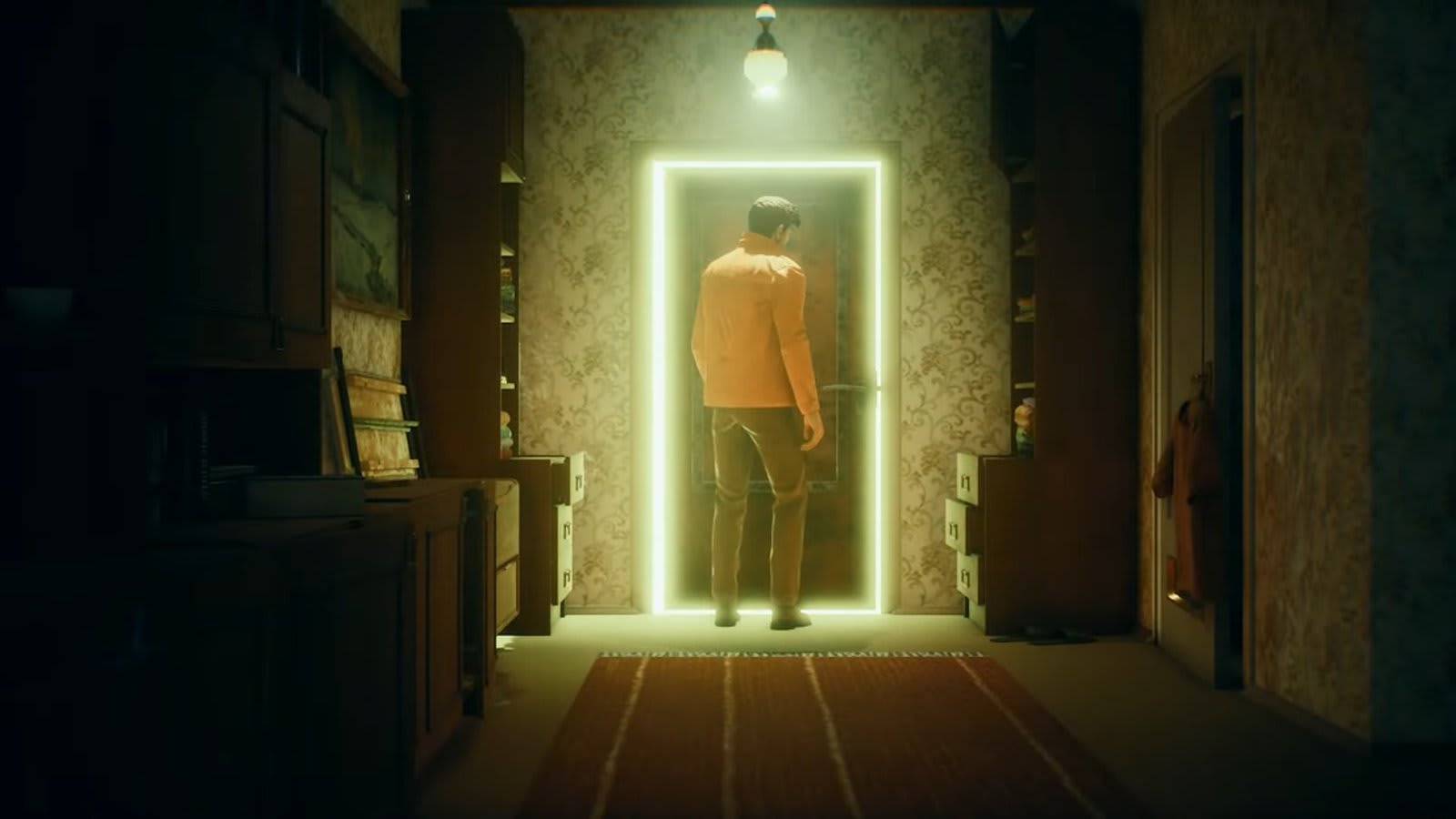 The Vessel stands in a dim wallpapered hallway before a door outlined in glowing yellow light, marking it as an object to interact with
