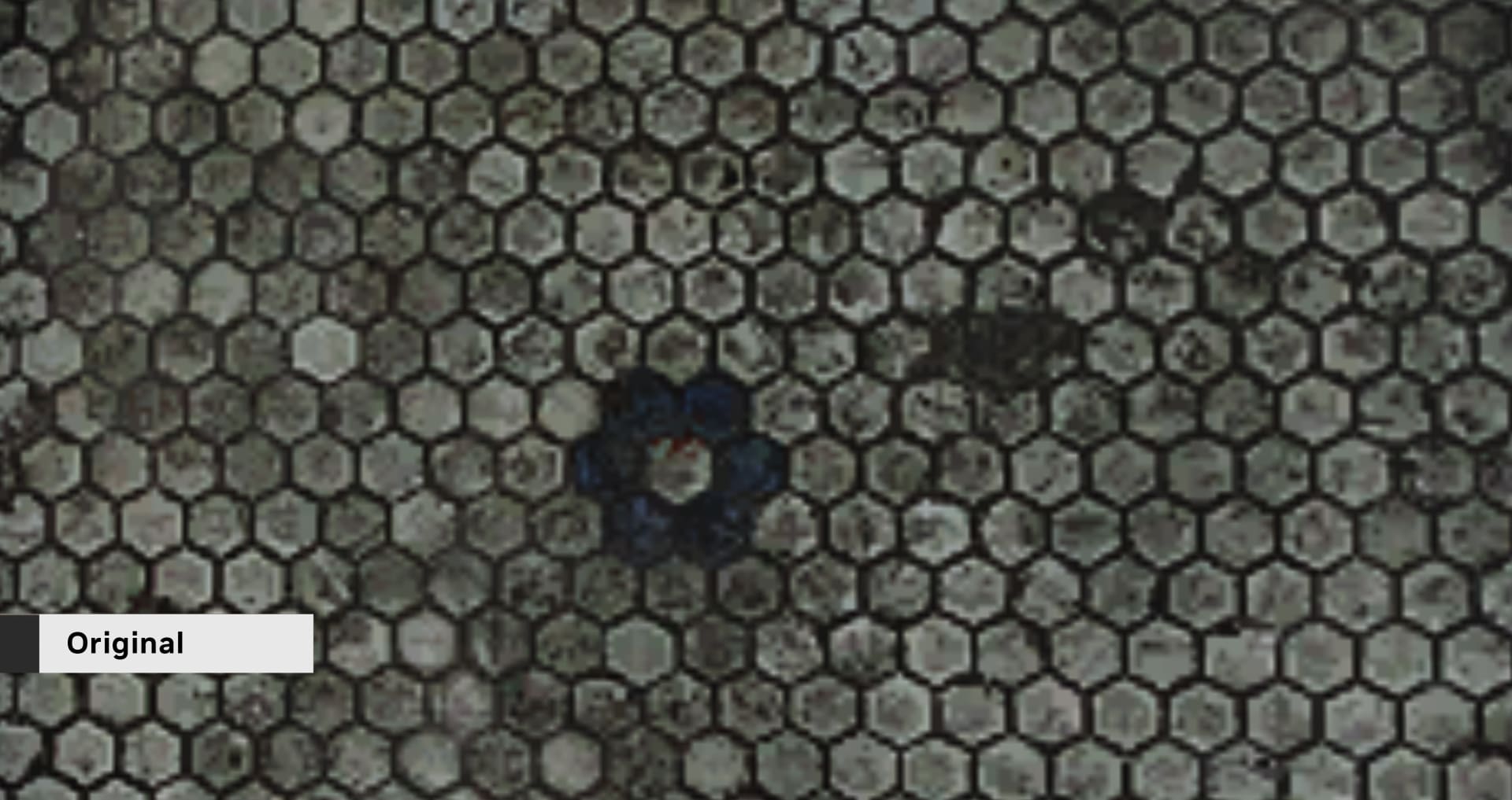 Original low-resolution hexagonal floor tile texture from a classic game, flat and blurry, labeled Original
