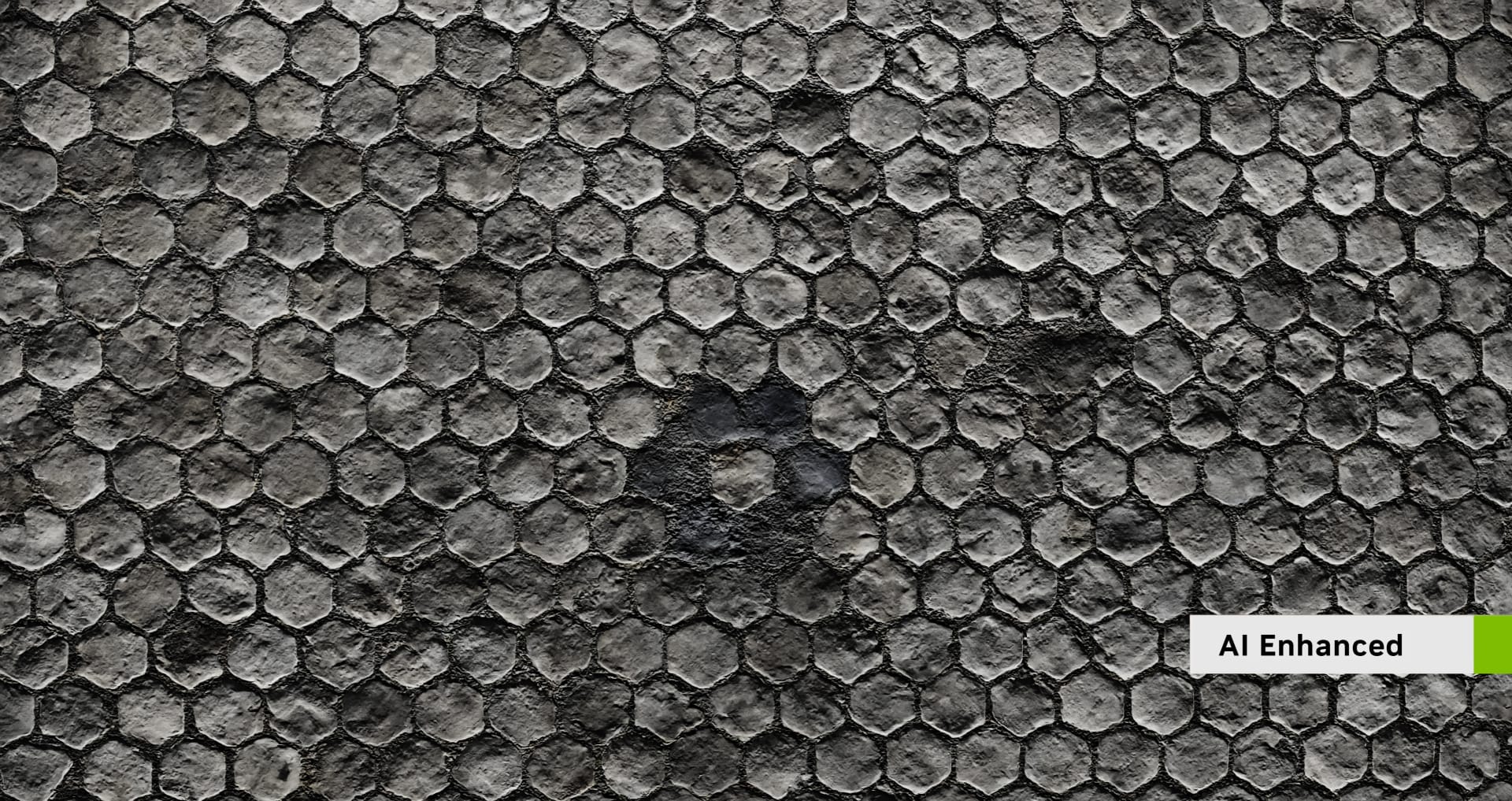 The same hexagonal floor tile after RTX Remix AI enhancement, showing raised, worn stone surfaces with depth, labeled AI Enhanced