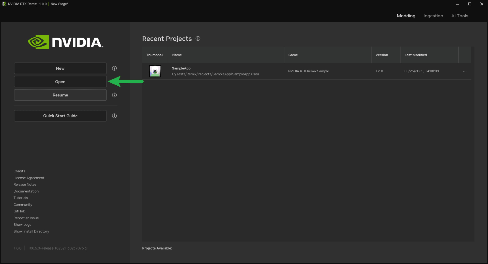 RTX Remix 1.0 toolkit start screen with New, Open and Resume buttons and the Modding, Ingestion and AI Tools tabs across the top