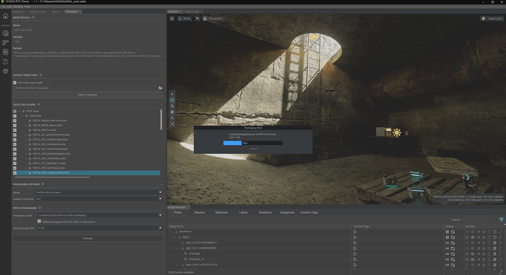 RTX Remix 1.5 packaging screen compressing Half-Life 2 RTX textures to RTX IO format, with a progress dialog over a path-traced sewer scene