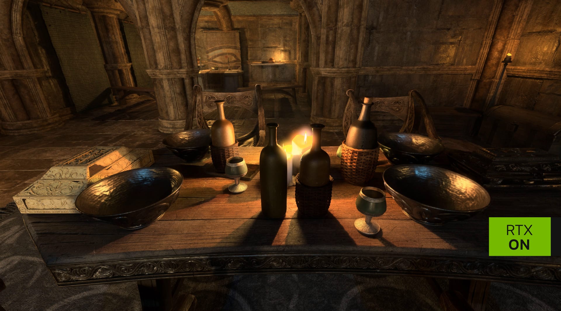Morrowind tavern table remastered with RTX Remix, showing candlelit bottles, bowls and a carved box with path-traced shadows, labeled RTX On
