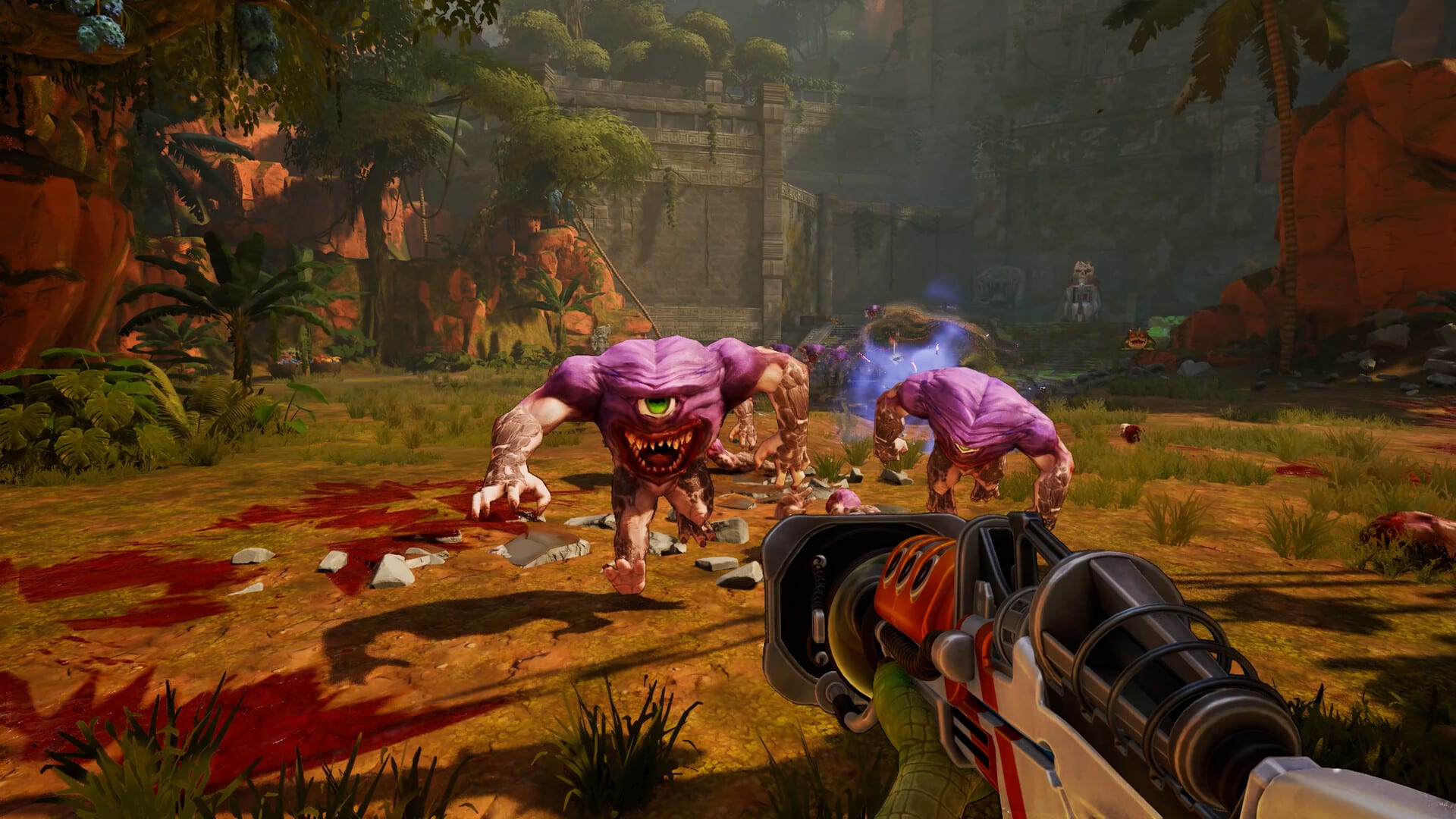 Two purple one-eyed monsters charge through blood-stained jungle ruins toward a green-armed Sam holding a laser rifle in Serious Sam: Shatterverse
