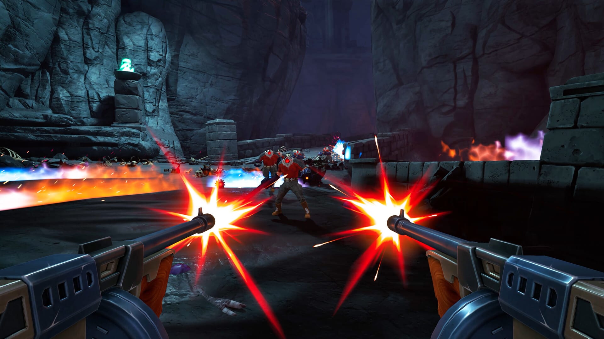 Dual tommy guns firing at a pack of headless enemies in red shirts inside a dark stone canyon in Serious Sam: Shatterverse