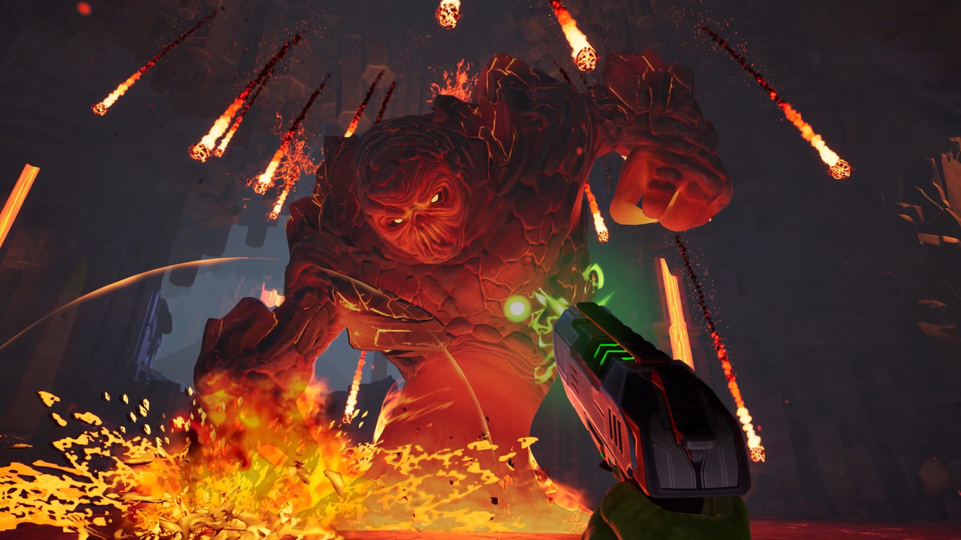 A giant lava golem boss looms over the player as flaming meteors fall across a volcanic arena in Serious Sam: Shatterverse