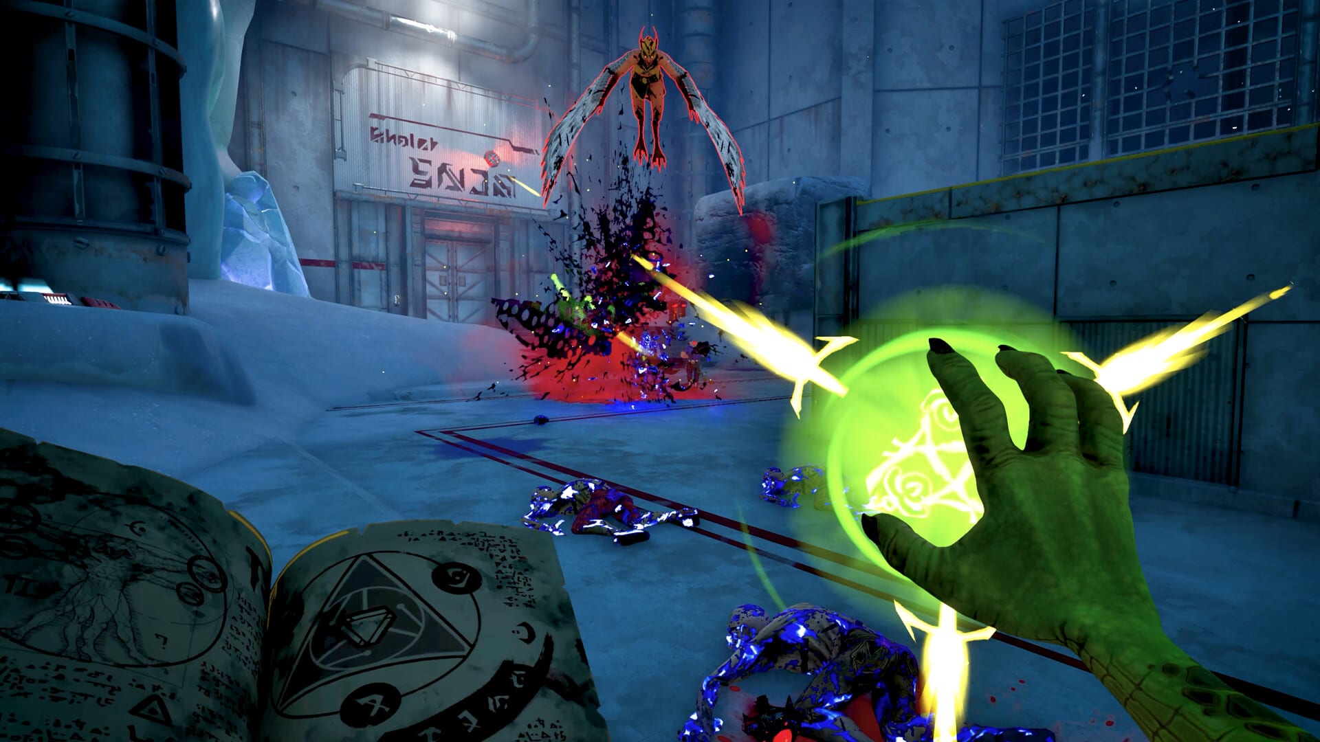 A green alien hand casts a glowing sigil beside an open spellbook as a winged enemy dives through a snowy industrial yard in Serious Sam: Shatterverse