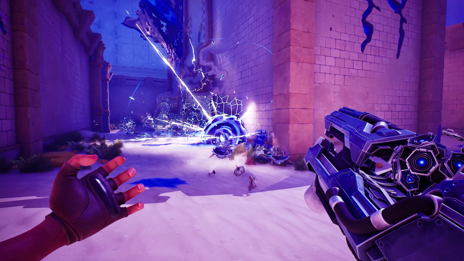 An electric cannon shatters an enemy in a burst of blue lightning inside a purple-lit desert temple corridor in Serious Sam: Shatterverse