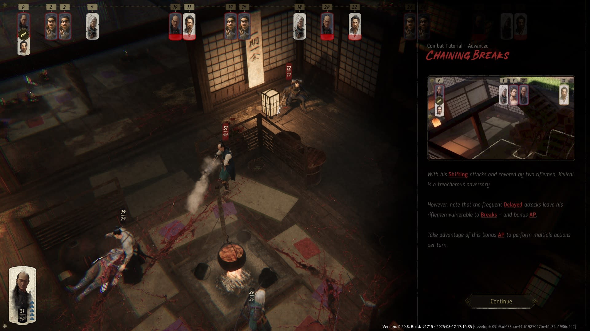An isometric fight inside a Japanese inn with the initiative Timeline of character portraits across the top and a Chaining Breaks combat tutorial panel on the right in Shadow of the Road