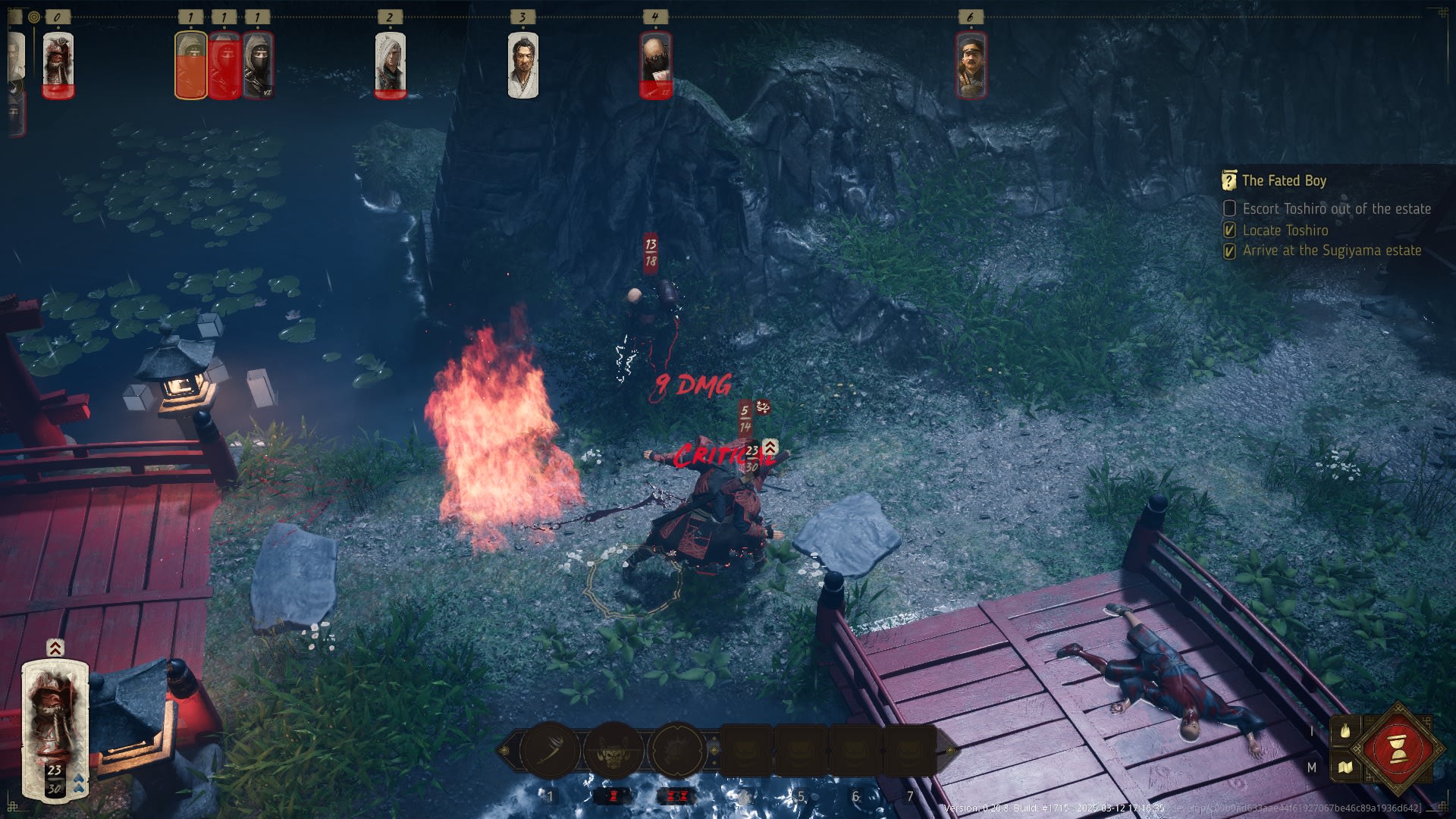 An armoured samurai lands a critical hit beside a burning patch of ground near a red wooden bridge during a night battle at the Sugiyama estate in Shadow of the Road