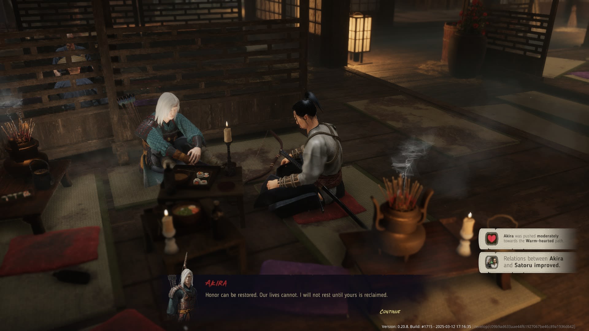 Akira and Satoru sit on tatami mats at a candlelit inn table while notifications show Akira pushed toward the Warm-hearted path and their relationship improving in Shadow of the Road