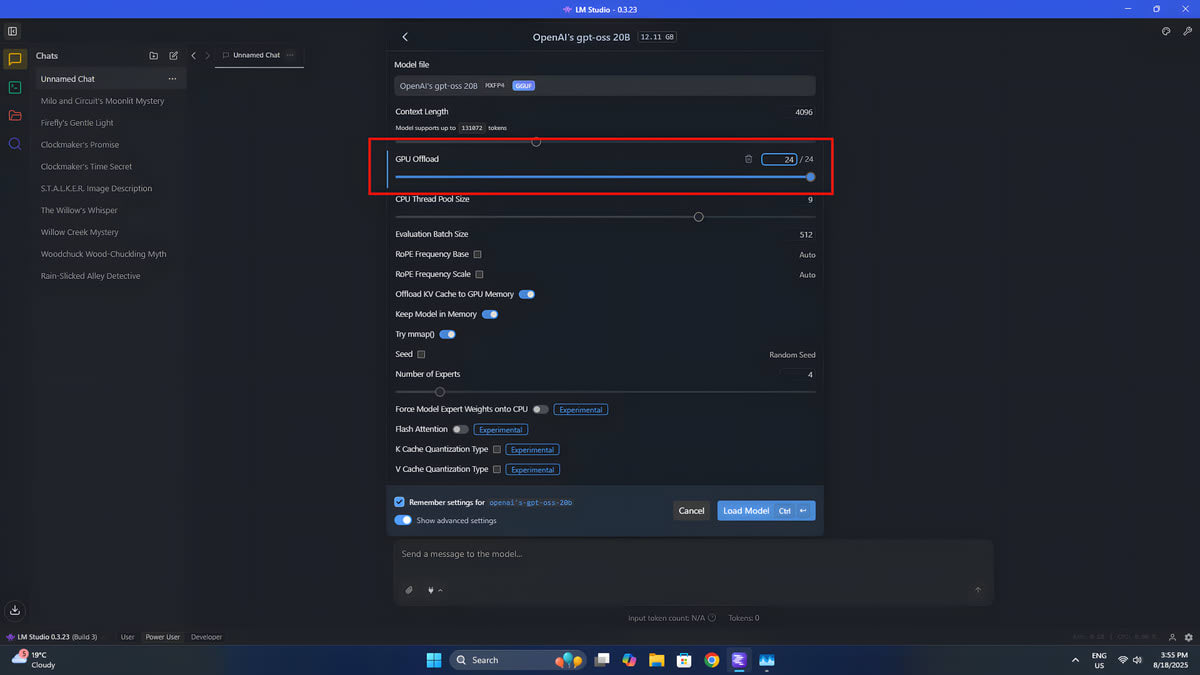 LM Studio load settings for OpenAI's gpt-oss 20B, a 12.11GB file, with the GPU Offload slider set to all 24 layers and highlighted in red