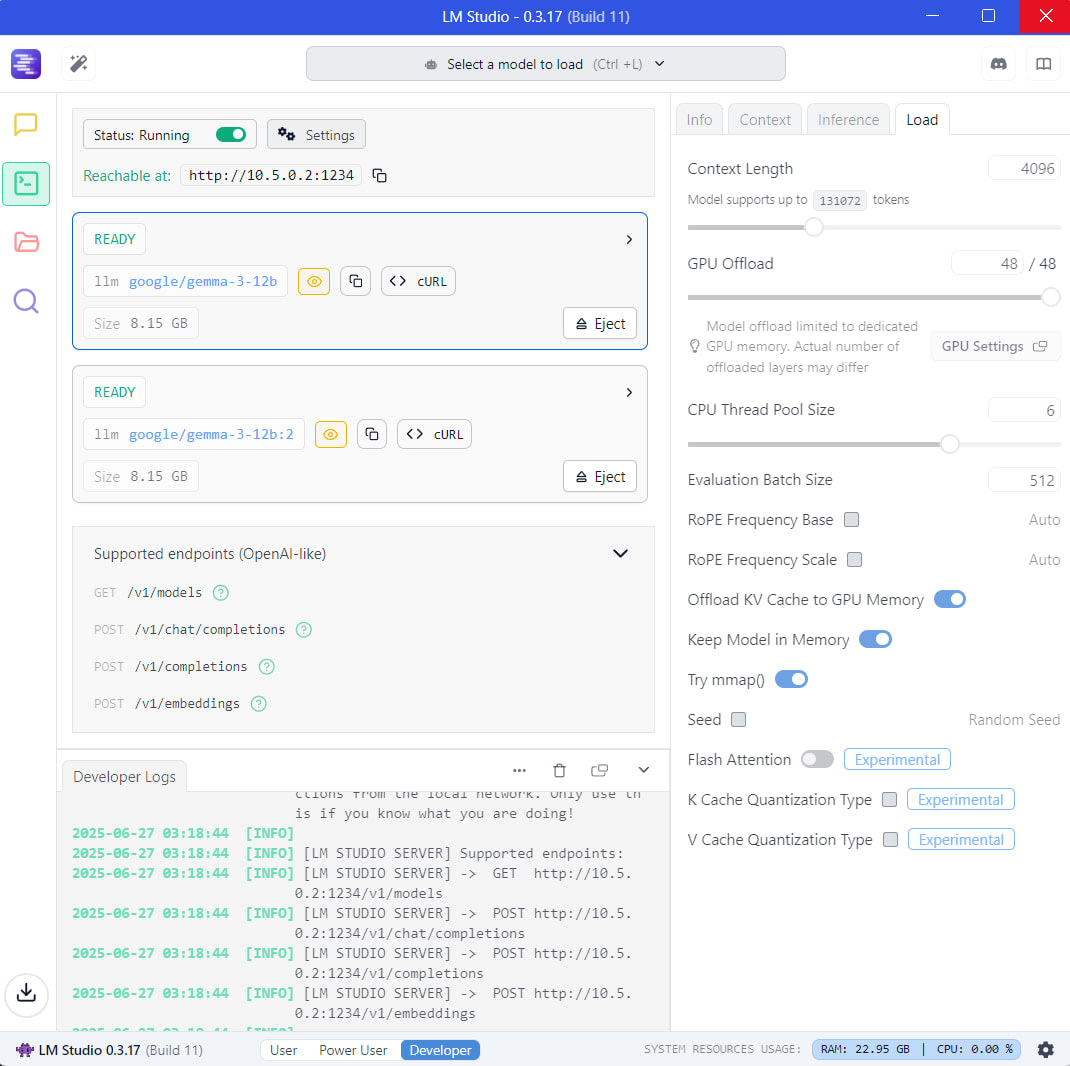 LM Studio developer view loading Google's Gemma 3 12B with context length, GPU offload of 48 of 48 layers and K and V cache quantization options