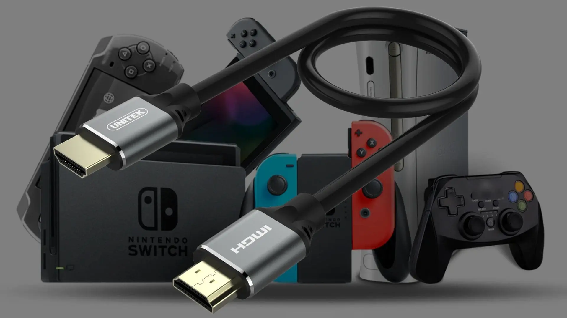 A gray and black colored HDMI cable with gaming accessories on the back