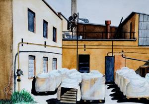 Factory yard. Watercolor, 14x20 cm. By Georgi Slavin