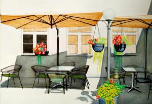 Cafe yard. Watercolor, 30x40 cm. By Georgi Slavin