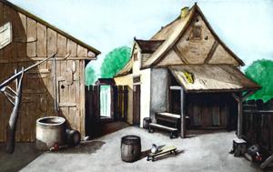 Sketched from: David Teniers "The Yard of an Inn", 1650. Watercolor, 24x30 cm. By Georgi Slavin