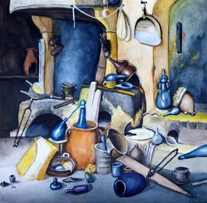 Sketched from Adriaen van Ostade "Alchemist", 1661. Watercolor, 24x24 cm. By Georgi Slavin