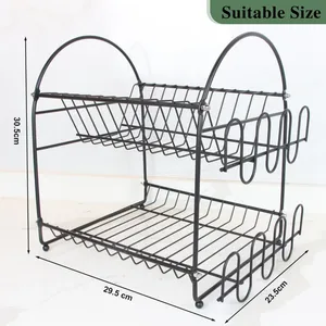 رف تجفيف أطباق المطبخ باللون الأسود بطبقتين لأكواب الأطباق 4