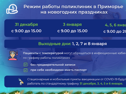 МЕДУЧРЕЖДЕНИЯ ПРИМОРЬЯ ИЗМЕНЯТ ГРАФИК РАБОТЫ НА НОВОГОДНИХ ПРАЗДНИКАХ. РАСПИСАНИЕ