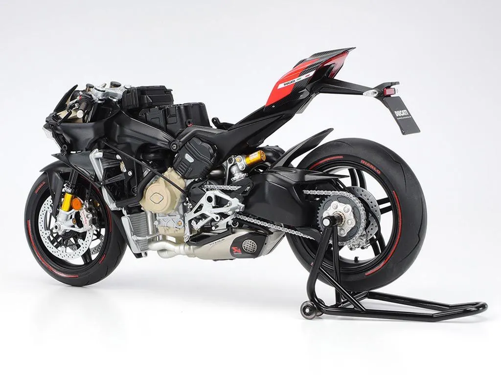 Rear-left view, with the seat removed, of an assembled Ducati Superleggera V4 1/12 scale model