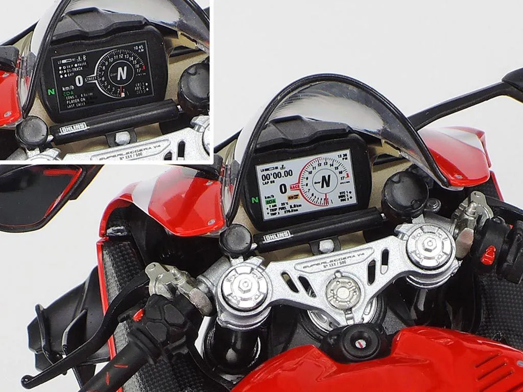 Close-up view of the handlebars and dashboard of an assembled Ducati Superleggera V4 1/12 scale model