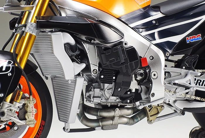 Close-up view of the engine of an assembled Honda RC213V Repsol 1/12 scale model