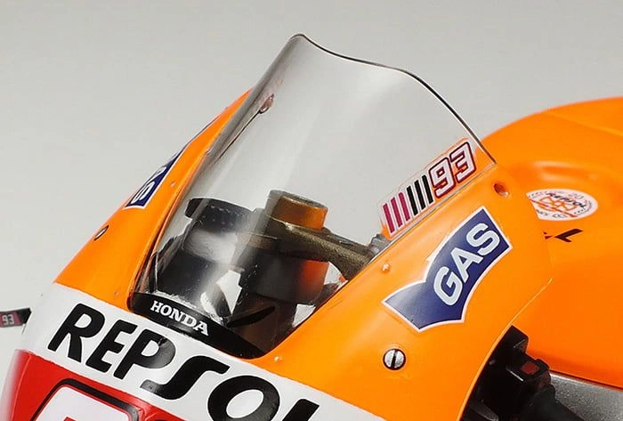 Close-up view of the front of an assembled Honda RC213V Repsol 1/12 scale model