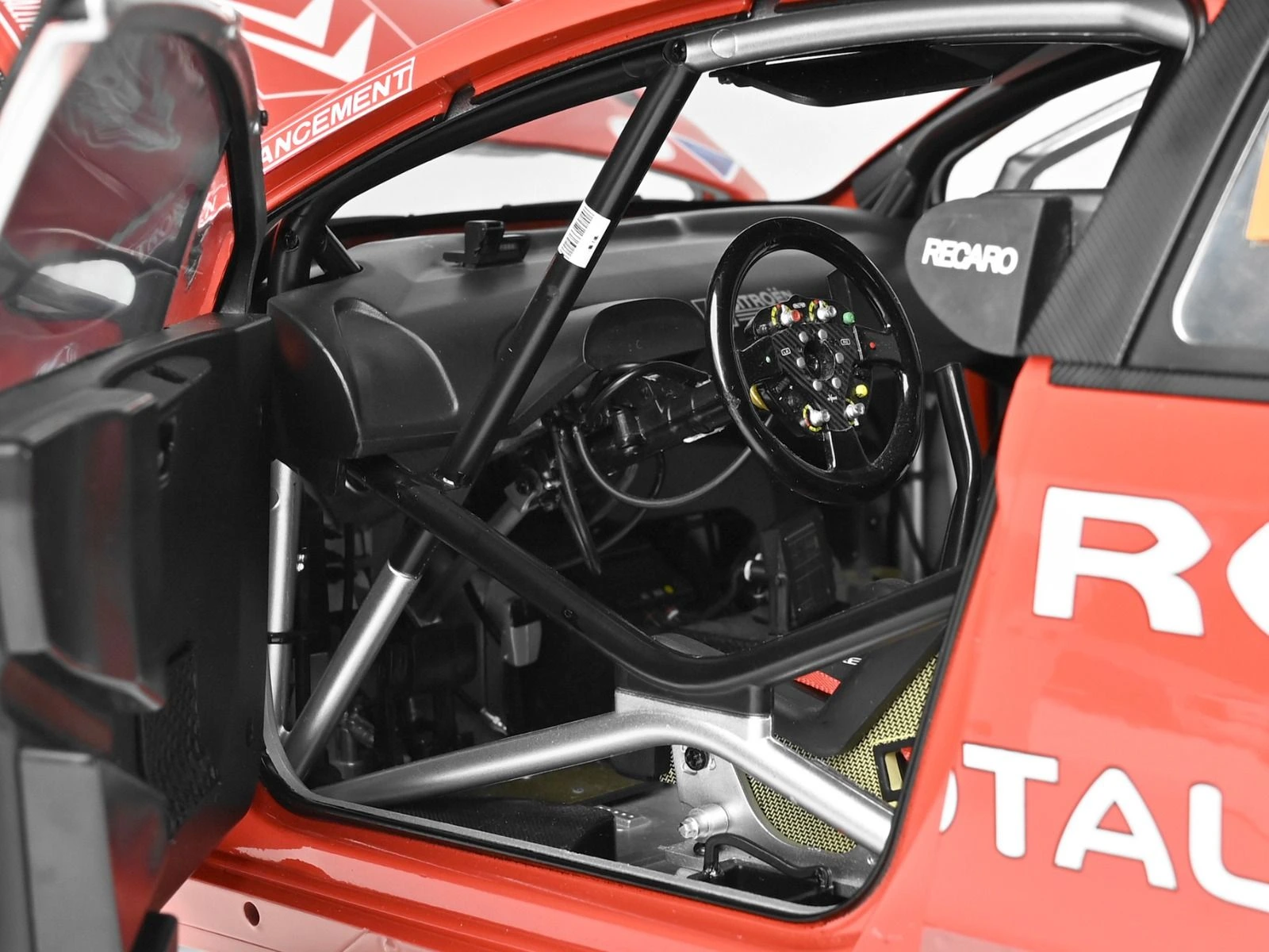 Close-up view of the interior of an assembled Citroën C4 WRC 2008 1/8 scale model