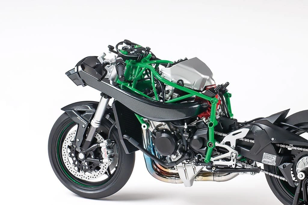 Left side view of a partly assembled Kawasaki Ninja H2R 1/12 scale model