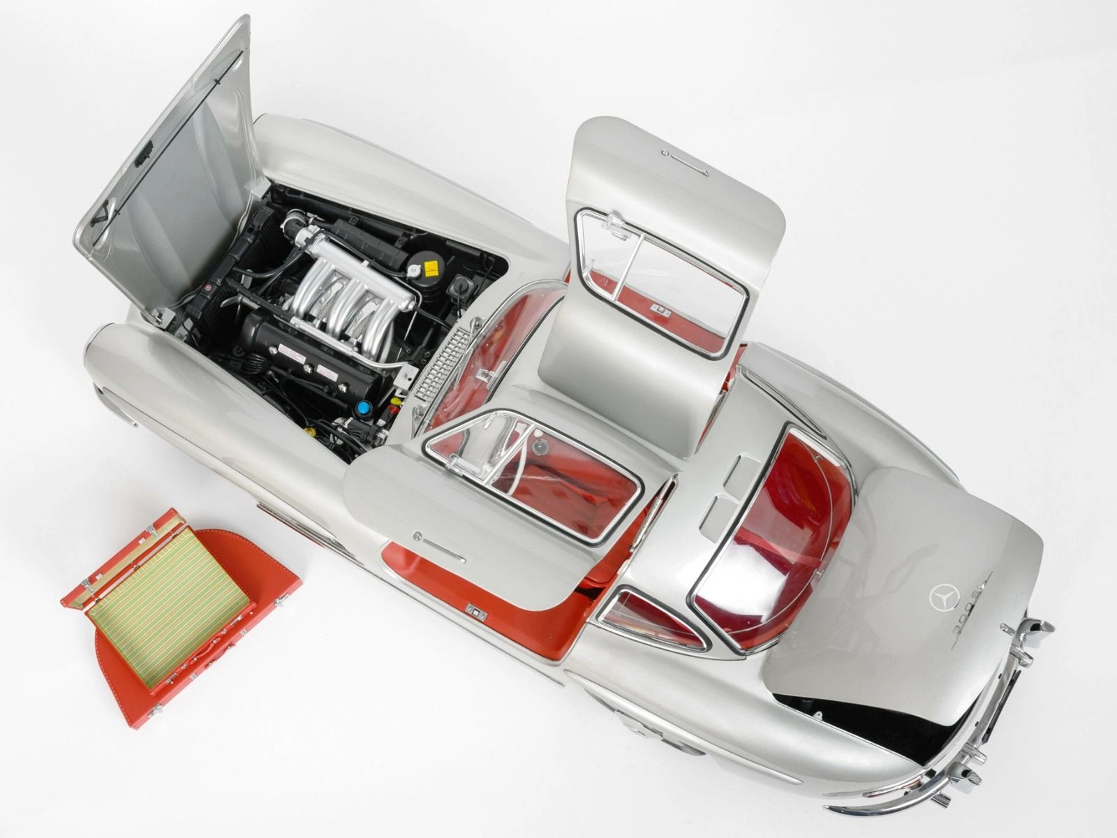 Top view of an assembled Mercedes 300 SL 1/8 scale model with doors, boot and bonnet open