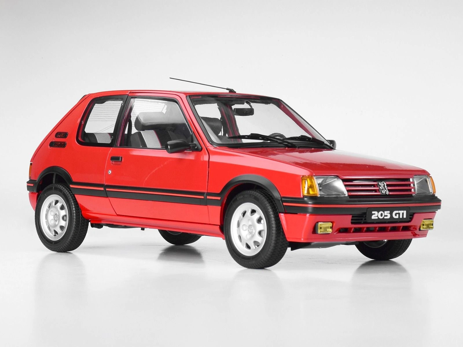 Front-side view of an assembled Peugeot 205 1.9 GTI 1/8 scale model