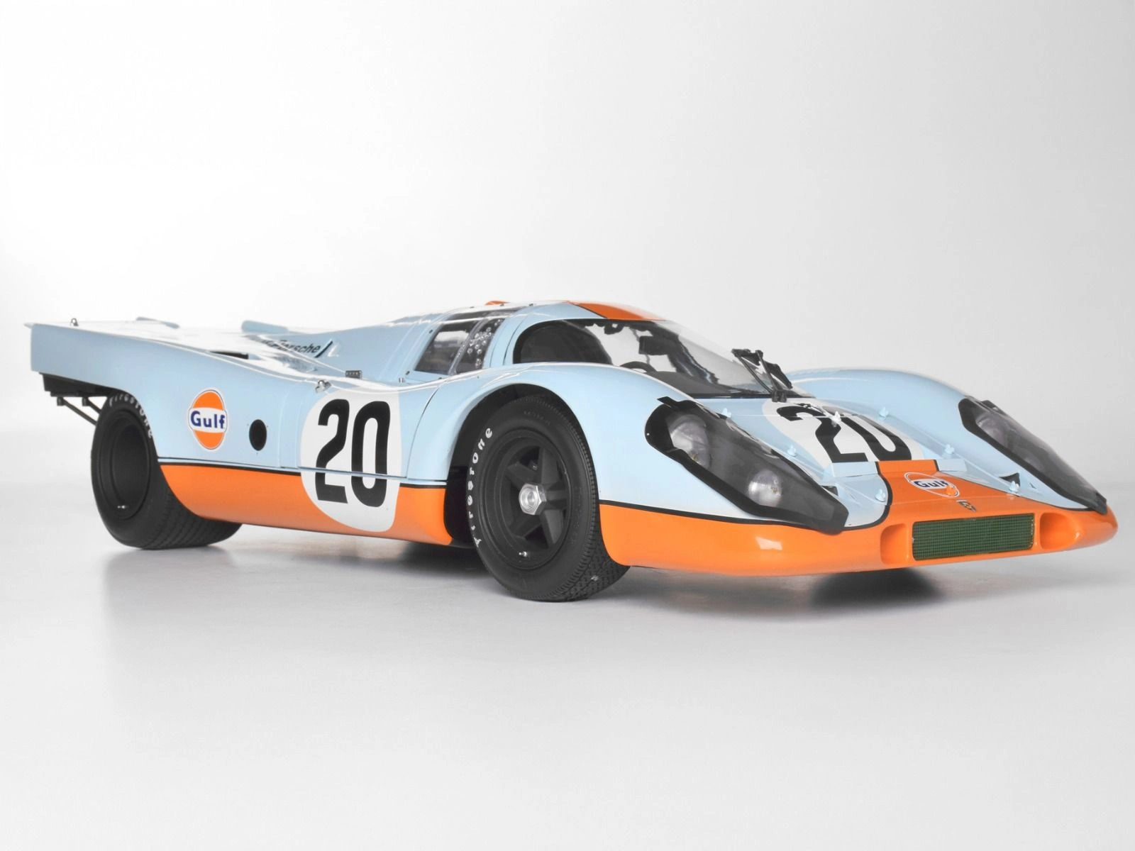 Front-side view of an assembled Porsche 917 KH Gulf Livery 1/8 scale model