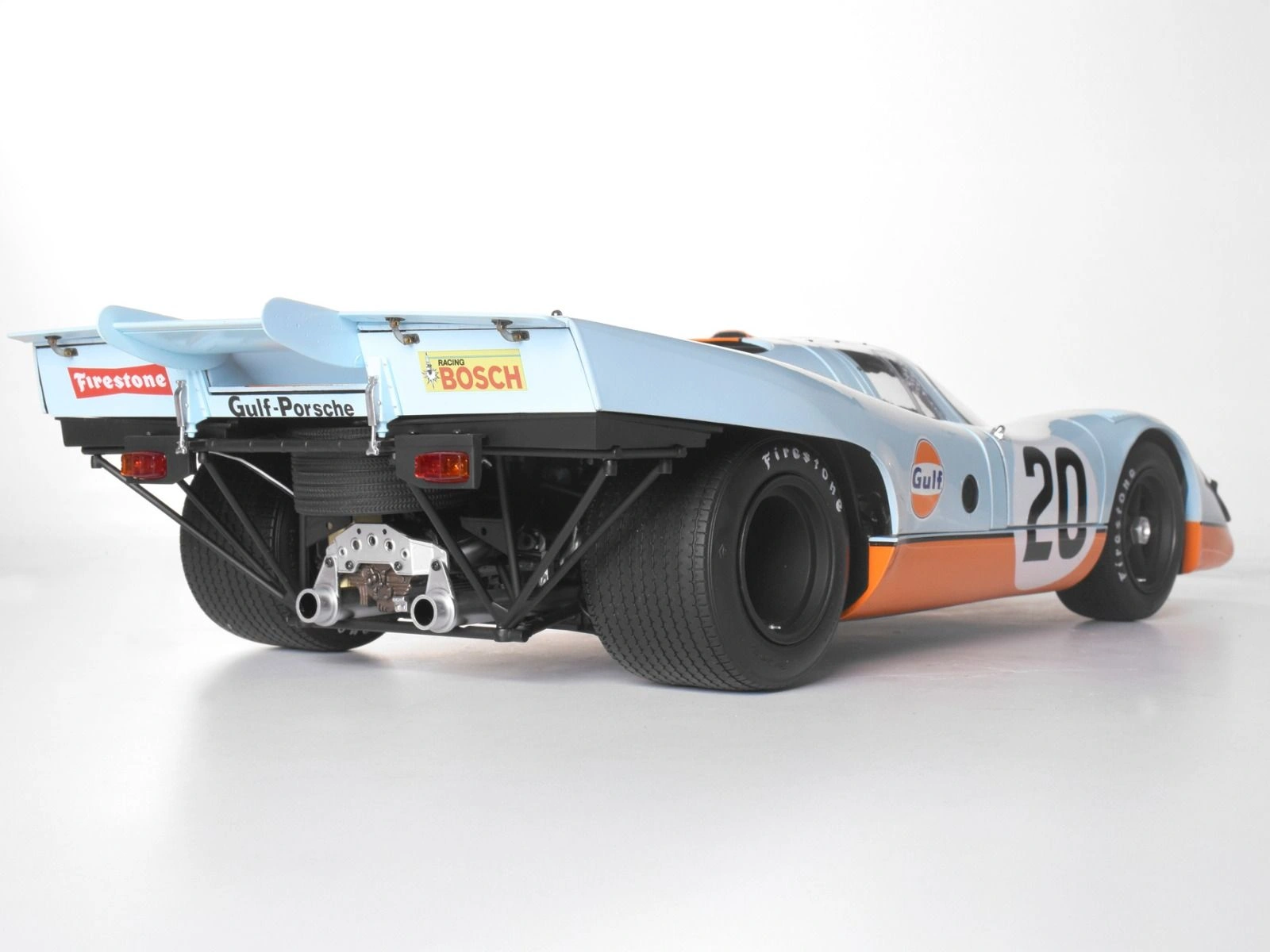 Rear-side view of an assembled Porsche 917 KH Gulf Livery 1/8 scale model