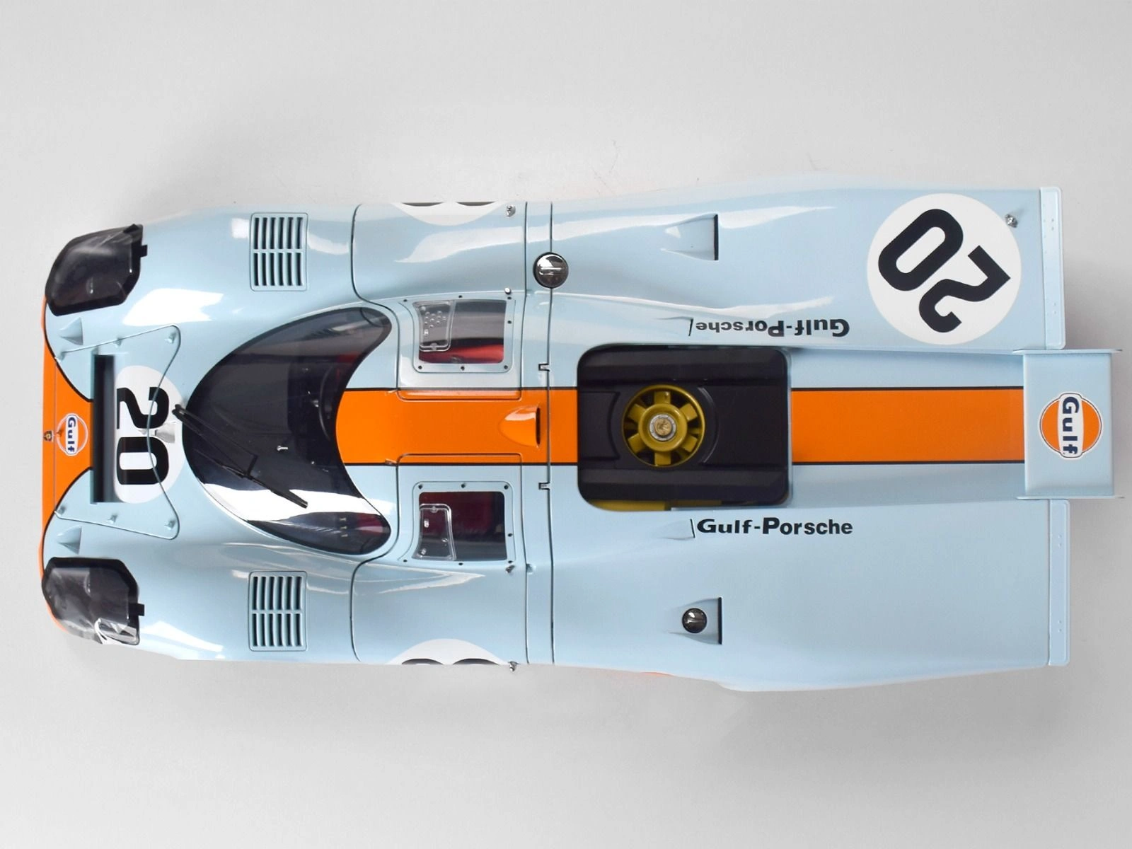 Top view of an assembled Porsche 917 KH Gulf Livery 1/8 scale model