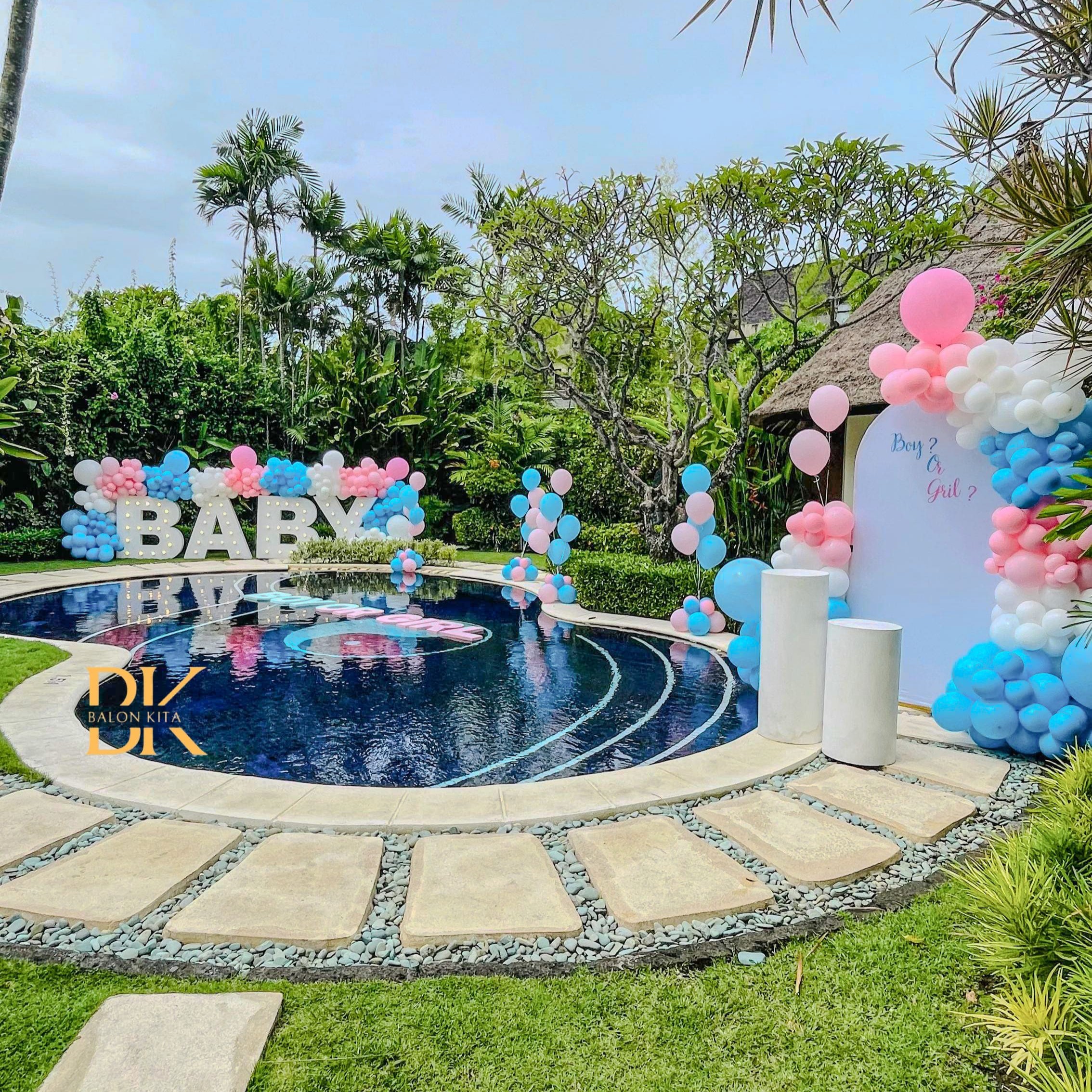 Colourful balloon and flower decoration setup in Bali