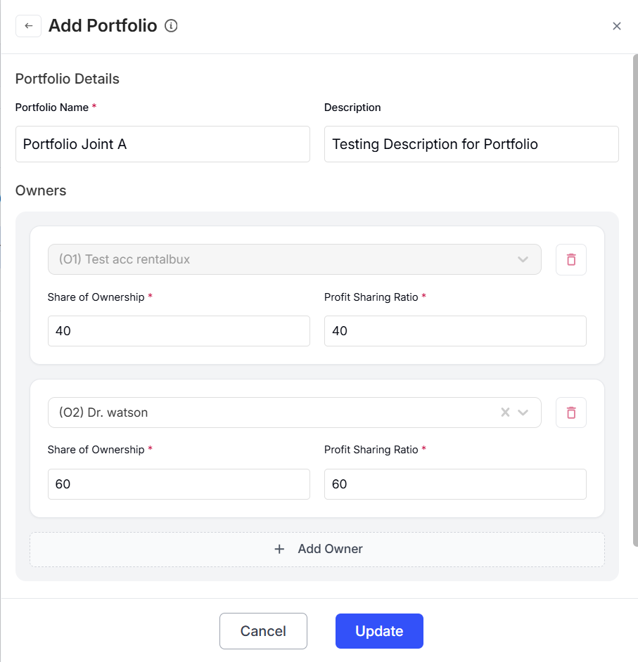 Portfolio details form – name, number of owners, ownership share